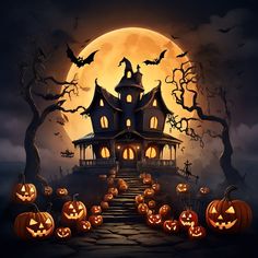 a halloween scene with pumpkins in front of a house