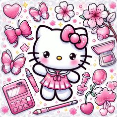 a hello kitty wallpaper with various items