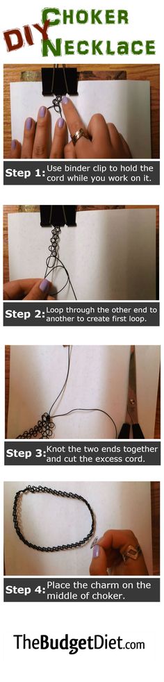 the instructions for how to make a necklace with chains and wire, including two hands holding scissors