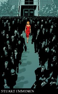 a movie poster with a woman in a red dress walking through a crowd of people