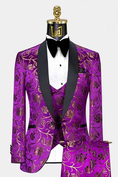 Mens-Purple-and-Gold-Tuxedo-Wedding-Groom-Prom-Suit-from-Gentlemansguru.com Purple Suits For Men, Floral Tuxedo, Unique Coats, Purple Tuxedo, Gold Tuxedo, Tuxedo Prom, Purple And Gold Wedding, White Pocket Square, Wedding Tux