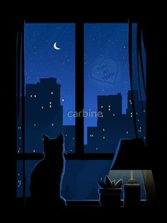 a cat sitting in front of a window looking out at the night cityscape