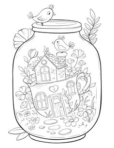 a jar with a bird sitting on top of it and flowers in the bottom half