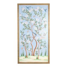 a painting on the wall with birds and tree branches in white, blue and green colors