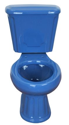 a blue toilet with the lid up and its seat raised in front of white background