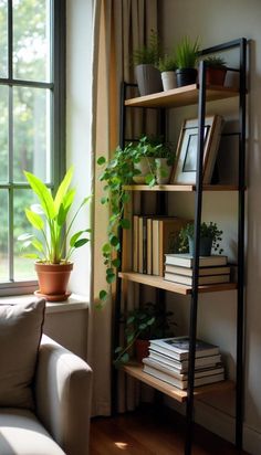 a living room filled with lots of books and plants