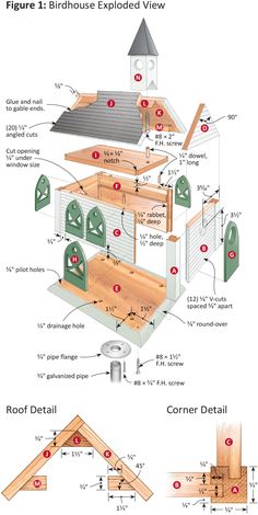 the diagram shows how to build a birdhouse with plans and instructions for each section