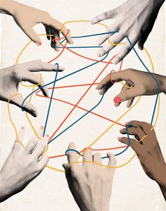 several hands holding together with colored lines in the middle