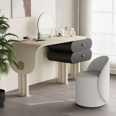 a modern vanity with stool and mirror in a white room next to a potted plant