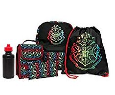 the harry potter backpacks are lined up next to each other and one has a bottle in it