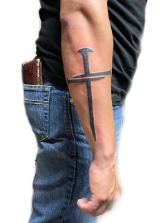 Mens Cross Forearm Tattoos, Cross Mens Tattoo, Men Tattoo Ideas Cross, Nail Cross Tattoo For Men, Three Nails Cross Tattoo, Cross Men Tattoo, Forgiven Tattoo Men