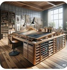 an artist's work area with lots of drawers