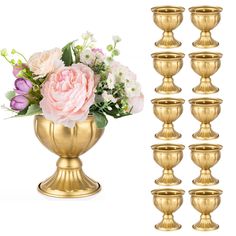 PRICES MAY VARY. Gorgeous & Charming - Our small gold vases for centerpieces are made of high quality metal which is anti-rust. They go well with fresh flowers or artificial flowers, ostrich feathers, brushes, buds, garlands, and bouquets. Gorgeous and charming gold flower vase centerpiece that will surely added extra glam to your decorations. Multi-Occasion Use -- Beautiful small gold vases for flowers for living room, bedroom, kitchen, bathroom, office desk, bookcase, shelves, windowsill, cabi Flowers For Living Room, Sweet 16 Centerpieces, Flower Holders, Gold Centerpieces, Pink And Gold Wedding, Pedestal Vase, Silver Vase, Gold Vases, Anniversary Event