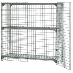 a metal cage with two shelves on each side