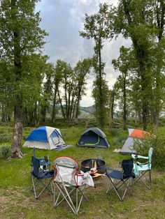 there are many camping chairs and tents in the grass with trees around them on a cloudy day