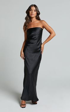 Charlita Maxi Dress - Strapless Cowl Back Satin Dress in Black | Showpo USA Black Formal Long Dresses, Strapless Satin Dress With Ruched Bodice For Night Out, Strapless Satin Dress With Ruched Bodice For Formal Events, Formal Strapless Satin Dress With Ruched Bodice, Sleek Satin Maxi Dress For Prom Season, Sleek Satin Finish Maxi Dress For Prom, Sleek Satin Dress With Fitted Bodice, Sleek Satin Prom Maxi Dress, Strapless Satin Dress With Ruched Bodice For Gala