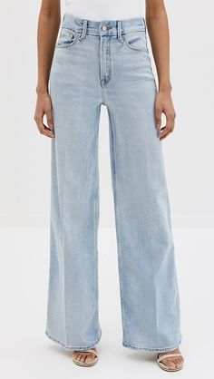 High Rise Versatile Flare Jeans, Versatile High-rise Flare Jeans With Five Pockets, Modern Light Wash Denim Bottoms, Modern High-rise Light Wash Jeans, Light Wash Straight Hem Bottoms For Work, Light Wash Relaxed Fit Jeans For Work, Versatile High Rise Light Wash Jeans, Versatile Five Pocket Denim Jeans, Versatile High-rise Light Wash Jeans