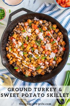 ground turkey and sweet potato skillet in a cast iron pan