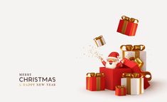 santa claus is coming out of the gift boxes with gold ribbons and bows on white background, merry christmas and happy new year