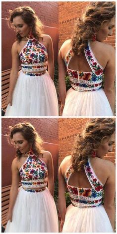 Customized service and Rush order are available. *** Customers need to know : All of the dresses don't come "on the shelf"（Our Dresses are all custom-made）.We strongly recommend you to select "Custom Made" to ensure the dress will fit you when it arrives. .   This dress could be custom made, there are no extra cost to White Prom Dress Long, Prom Dresses Two Piece, Mexican Dresses, Piece Prom Dress, فستان سهرة, Beauty Dress, Formal Dresses For Women, Dress Prom, Embroidery Dress