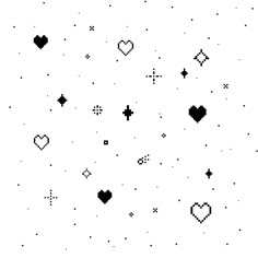 black and white pixel art with hearts, stars, and other small objects in the background