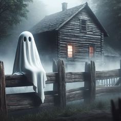 a ghost standing next to a wooden fence in front of a log cabin at night