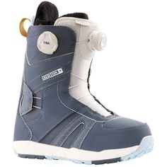 the snowboard boots are blue and white