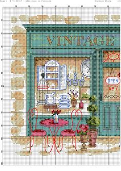 a cross stitch pattern with a table and chairs in front of a storefront window