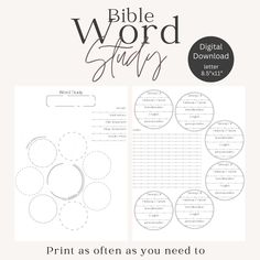 the printable bible word study book is shown in black and white, with an image of