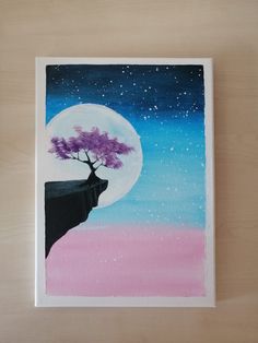 a painting of a tree on top of a cliff with the moon in the background