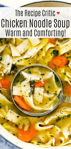 chicken noodle soup in a white bowl with a spoon