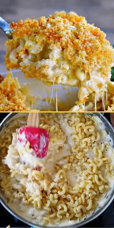 two pictures showing different types of macaroni and cheese