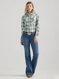 CASUAL, CUTE, AND RODEO-READY Casual, cute, and rodeo ready! This women's plaid western snap shirt will add a pop of color to your current rotation. This slim fit shirt comes with all the traditional details you know and love, including pointed yokes from front to back, chest pockets with flaps and snaps, a full pearl snap closure, and snaps at the cuffs. Wrangler Women, Slim Fit Shirt, Womens Plaid, Rodeo, Snap Closure, Color Pop, Womens Shirts, Slim Fit, Womens Tops