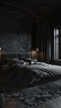 a bedroom with black walls and dark furniture