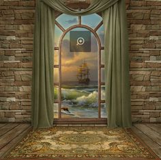 an open window with a painting of a ship in the ocean