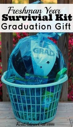 a blue basket filled with graduation gifts and the words, freshman year survival kit graduation gift