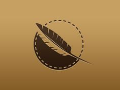 a brown and black logo with a feather on it's tip, in the shape of a circle