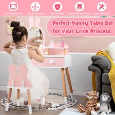 Specifications Color: Pink Material: MDF, Beech Wood Table size: 31 x 14.5 x 43.5 (L x W x H) Chair size: 13 x 10 x 20 (L x W x H) Weight capacity of tabletop: 66 lbs Weight capacity of stool: 110 lbs Net weight: 26.5 lbsKey Features 2-in-1 Design for Different Usages: Featuring a versatile design with detachable mirror, this kids vanity table can also be used as a reading or writing table if necessary. Besides, the attractive and adorable pink appearance makes this vanity set suitable for various places, such as children's bedroom and playroom. Vanity Table with Large Storage Capacity: Except the spacious tabletop, this kids dressing table is designed with a storage shelf and 2 large drawers, meeting different storage needs. The storage shelf on the tabletop is perfect for displaying lips Kids Makeup Vanity, Rabbit Mirror, Small Storage Shelves, Kids Dressing Table, Drawer Shelf, Reading Table, Makeup Dressing Table, Dressing Table With Chair, Vanity Table Set