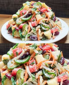 two plates filled with different types of salads on top of each other and the same plate