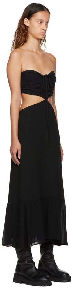 Semi-sheer viscose crepe dress. Ruching and cutouts throughout. · Sweetheart neck · Self-tie halter straps · Concealed zip closure and shirring at low back · Full viscose crepe lining Supplier color: Black The Reformation, Black Dresses Casual, Crepe Dress, Sweetheart Neck, Black Midi Dress, Low Back, Online Shopping Clothes, Sweetheart Neckline, Off Shoulder Dress