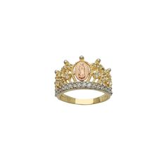 Precious Metal: 14 Karat Tri-Tone Gold Gemstone: Cubic Zirconia Stones may be upgraded upon request Height: 11.7 mm* Band's Width: 2.5 mm* Weight: 3.9 grams* Ring Size: 6½** *All weights and measurements are approximate. Please contact us if you have further questions about alternate sizes or styles, availability, specifications, and personalization options. **Ring sizes are adjustable up to increments of 0.25. Contact us prior to or immediately after purchasing the ring. Tiara Ring, Popular Jewelry, Ring Sizes, Tiaras And Crowns, Precious Metal, Virgin Mary, Tri Color, Precious Metals, Tiara