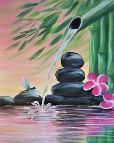 a painting of rocks and flowers in the water with bamboo stalks behind them, as well as a pink flower