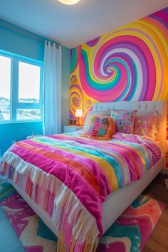 a bedroom decorated in bright colors with a large bed