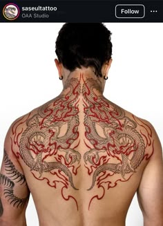 the back of a man with tattoos on his neck and chest, in front of a white background