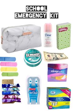 the back to school emergency kit is full of items including toiletries, soaps and toothpaste