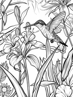 a black and white drawing of a hummingbird flying over flowers