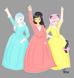 three women in dresses with their arms up and one holding her hand up to the sky