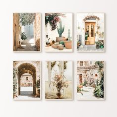 four different pictures are hanging on the wall in front of a door and some potted plants