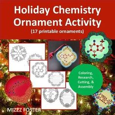 a christmas tree with ornaments on it and the words holiday chemistry ornament activity