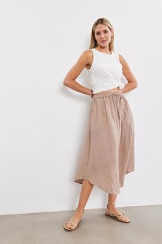 NEMY WOVEN LINEN MIDI SKIRT Summer Long Skirt With Gathered Waist, Summer Bottoms With Gathered Waist And Flowy Fit, Relaxed Linen Maxi Skirt For Vacation, Casual Summer Maxi Skirt With Gathered Waist, Chic Maxi Skirt With Gathered Waist For Summer, Chic Summer Maxi Skirt With Gathered Waist, Summer Skirt With Gathered Waist For Day Out, Flowy Midi Skirt With Tie Waist, Vacation Bottoms With Gathered Waist And Flowy Skirt